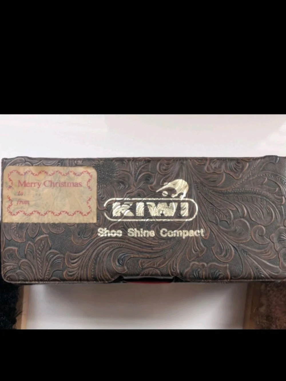 Vintage Kiwi Travel Shoe Shine Compact Kit Faux Tooled Leather Case Two Brushes
